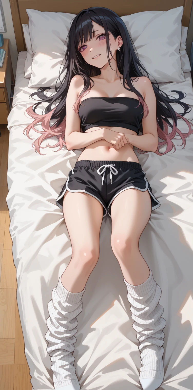 Masterpiece), Best Quality, expressive eyes, a perfect face, 1girl, white crop top, medium breasts, riruka thights, Highlegp, high leg panties, short sleeves, bed room, looking a viewer, Looking down, bellybutton, visible, visible through the thighs, stomach, Wedges, black panties, Sexy, sfm, purple eyes, lies, lies on the bed, spread legs, purple hair, twintails, stockings
