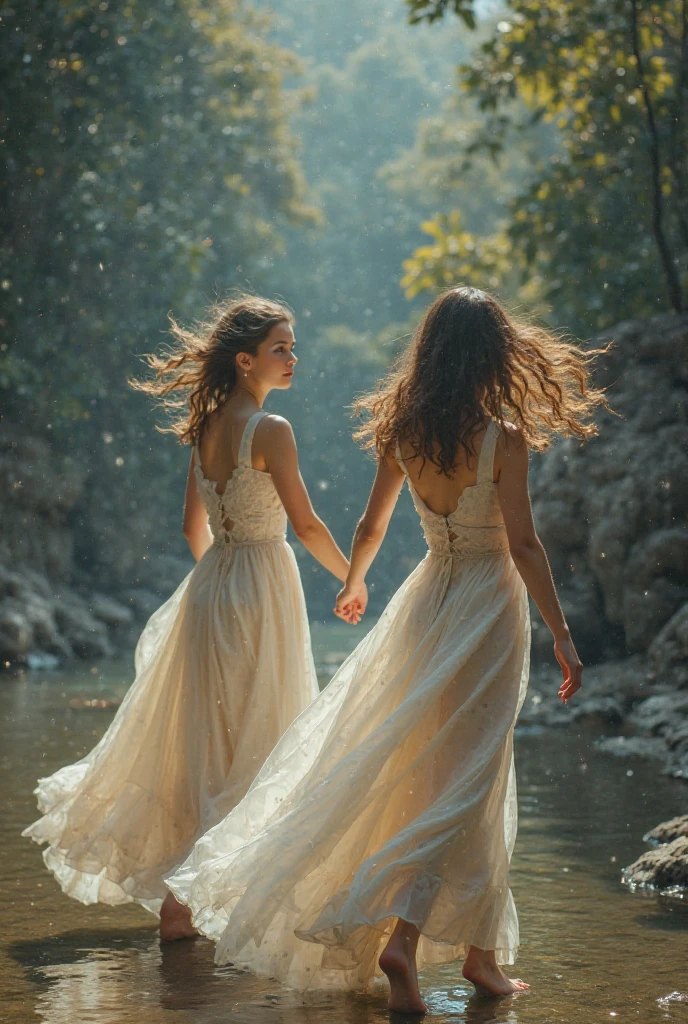 Girl Frolicking with Water, 独奏, Dressed in a white dress, lake, Elegant, artistic,  (Photorealsitic: 1.4), top-quality, ​masterpiece, ultra-detailliert, lighting like a movie