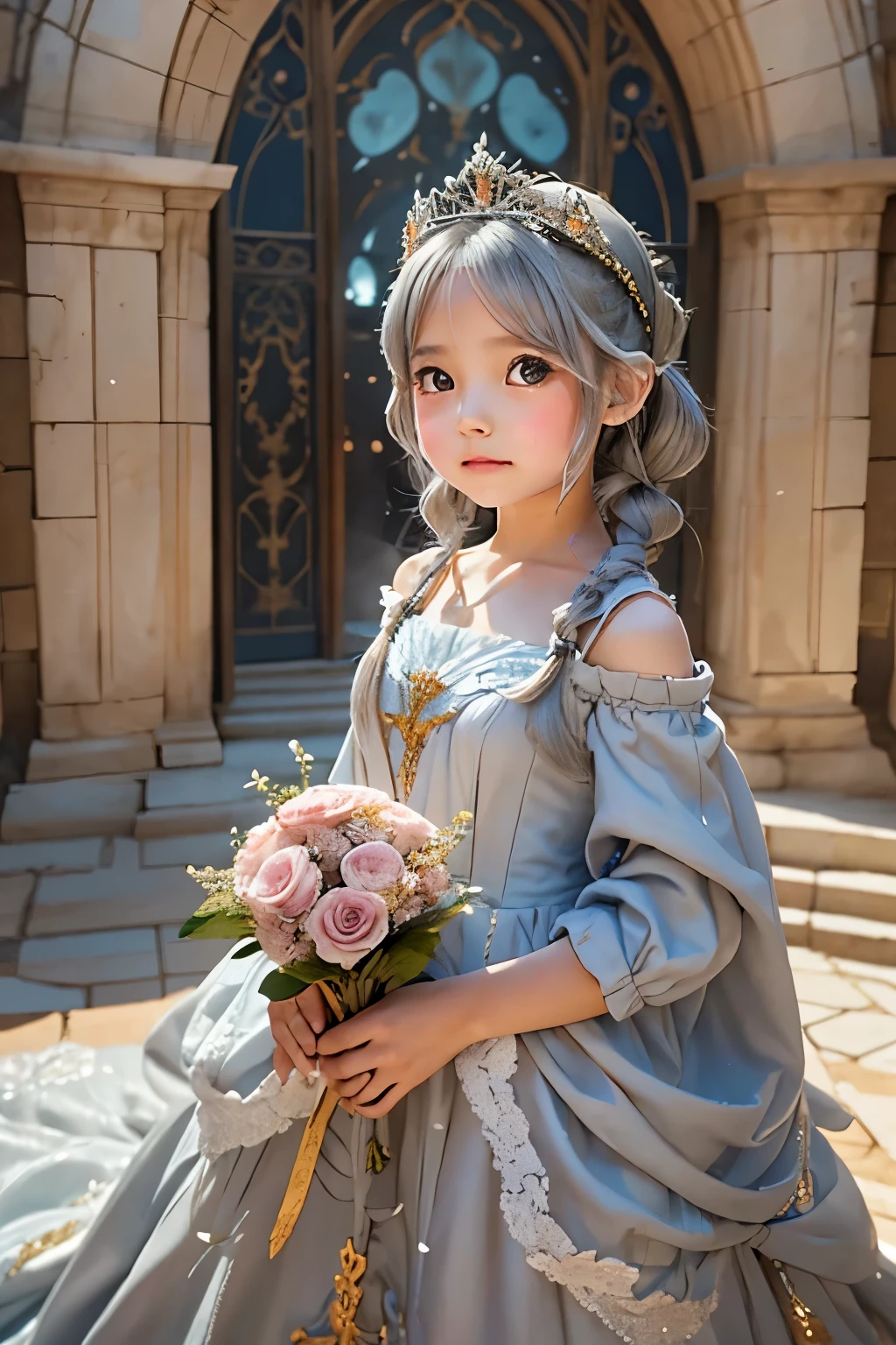 A 6-year-old Asian princess in a white dress，Give flowers to a group of fighters，The soldiers were heavily armoured，Scarred。