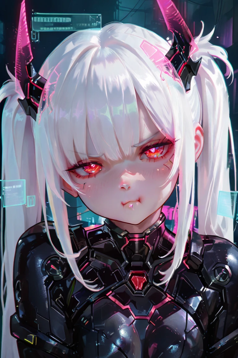appearence a 13 years old teenage girl,red eyes,albino,calm,quiet,cute,pretty,full body,looking ahead,short hair combed back,red outfit,black short,tied hair,spider verse suit,serious look,cyberpunk background 