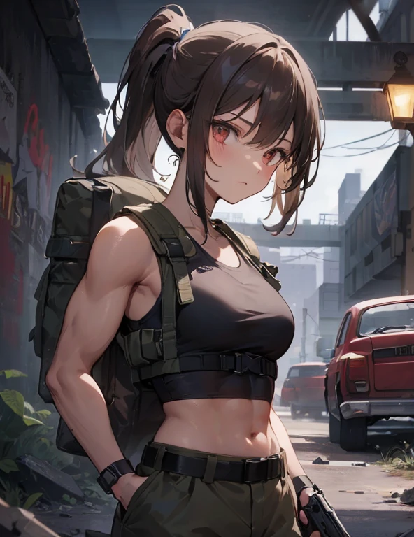 a girl of athletic build. She wears a top and pants in army coloring. She has abs