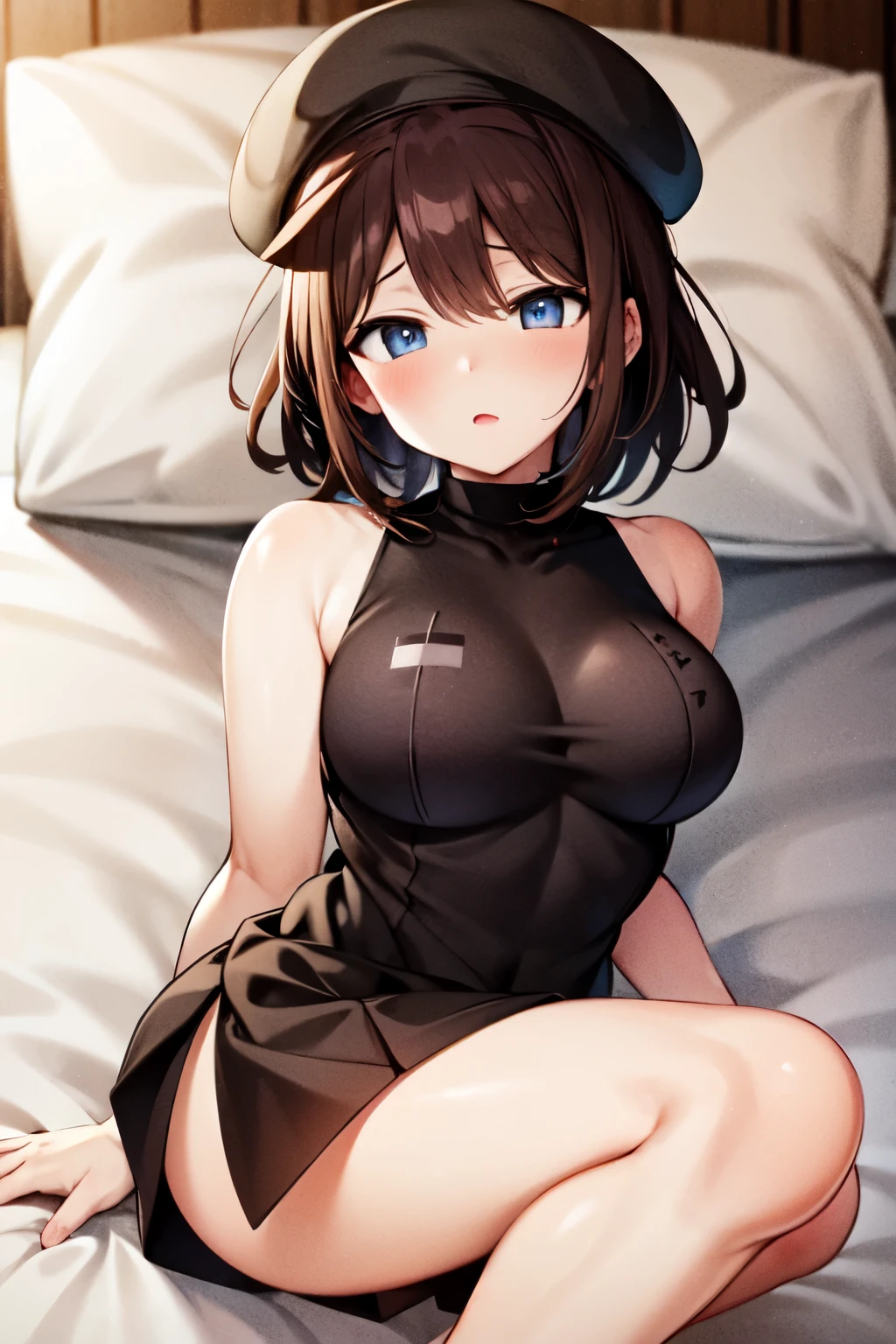 (short hair woman), (off-shoulder sweater, oversized sweater), (hiden short pants), (cross-legged sitting, hands lying on thighs), on bed, medium breasts, deep cleavage, best quality, masterpiece, illustration, very delicate and beautiful, very detailed skin, CG, Unity, 8K wallpapers, amazing, fine detail, highly detailed CG Unity 8K wallpapers, huge file size, high resolution, handsome detailed woman, very detailed eyes and face, Stunning detailed eyes, light on the face, (Best illustration: 1.1), (best shadow: 1.1), ultra high resolution, (photorealistic: 1.1), (photorealistic 1.2:1.1), realistic face proportions,slim,smile,(fluffy black eyes: 1.21), black eyes, looking at the viewer, dark brown hair, earrings, necklaces, hairpins, full body shots, (irregular skin imperfections,veins,moles,skin wrinkles,pores: 1.2), (dark night background: 1.2), (bokeh: 1.4),