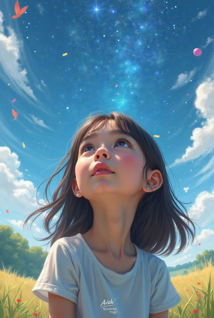 Menino, sonhos, Looking Up The Sky, cores coloridas, estrelas, melhor qualidade, olhos azul, estilo de roupa simples, feliz