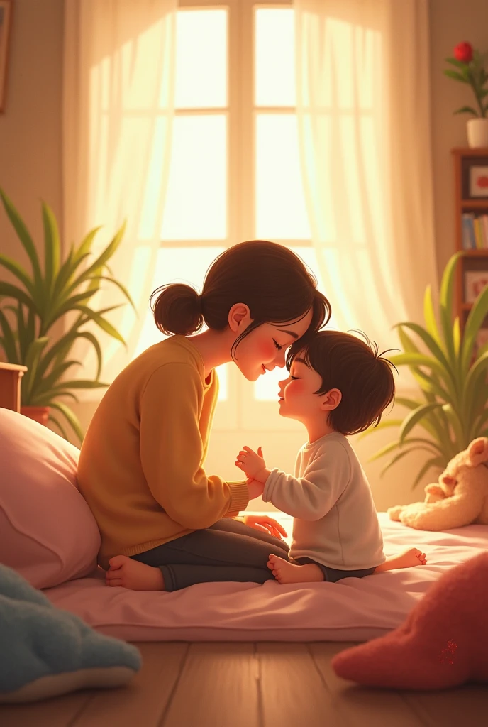 Warm morning scene in a cozy bedroom, mother gently waking up 8-year-old son, calm and reassuring expression, surprised but attentive girl peeking from under blanket, softly lit by morning sunlight, simple furnishings, tender and reflective mood, realistic, soft colors.
