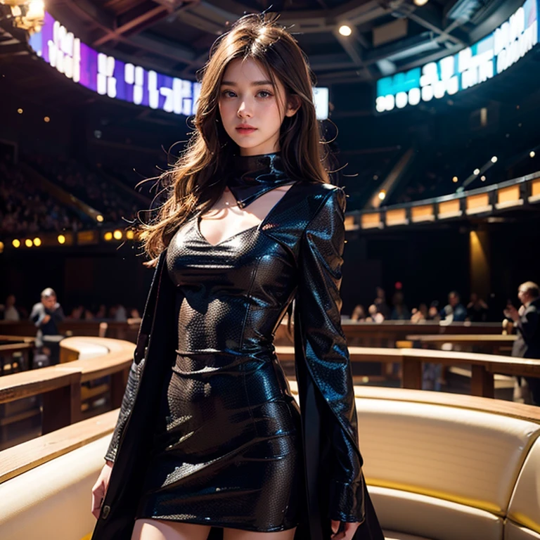 [[((young attractive Asian woman:1.5)), ((Sophie Tan:1.4)), standing in a high-tech nightclub, with her back to the camera. She is wearing ((a tight, metallic mini skirt that has blown up, exposing her buttocks, paired with a see-through mesh top and high heels:1.2)). Her hair is styled in voluminous curls, and she has a seductive, intense gaze over her shoulder. The background features pulsating lights, futuristic decor, and a crowded dance floor. The scene is captured with a ((digital SLR:1.2)) using a ((24-70mm zoom lens:1.2)) for versatility in framing. Post-production focuses on enhancing the metallic colors and adding a ((soft bokeh effect:1.1)) to the background. The image should be in ((8K resolution:1.1)) with ((hyper-realistic detail:1.3)). The backdrop highlights the high-tech nightclub with detailed textures of lights and decor. The focus is on the woman's blown-up mini skirt and seductive, intense gaze. Colorful nightclub lighting is used with slight enhancements to create a vibrant and glamorous atmosphere, with a ((soft bokeh effect:1.1)) on the background, enhanced vibrancy, and high contrast to make the scene pop. She is standing with one hand on her hip, looking seductively​⬤
