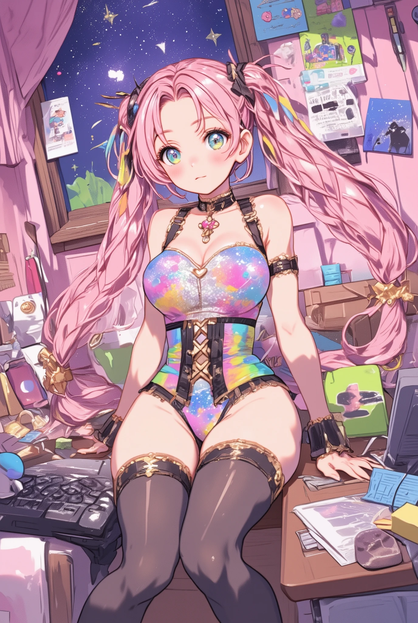 there is a woman with pink hair and a green and white jacket, colorful pigtail, pink twintail hair and cyan eyes, cosplay, small curvy , anime girl cosplay, full-cosplay, y 2 k cutecore clowncore, decora inspired, pigtail, draped in fleshy green and pink, lolink white and green,((masterpiece)),((best quality)),((ultra-detailed)),(8k),((wallpaper)),((extremely detailed cg)),(RAW photo:1.2),beautiful,,mid breasts,sexy smile,lovely eyes,,shiny skin, shiny body, grabbing a camera in her hand,perfect hands, detailed hands, Nice hands,(((seductive smile tightening the lip))),((vagina highlighted in the panties)),(seductive smile),(((biting her lip un a sensual way))),Perfect eyes, detailed eyes,Nice eyes,lewd smile,