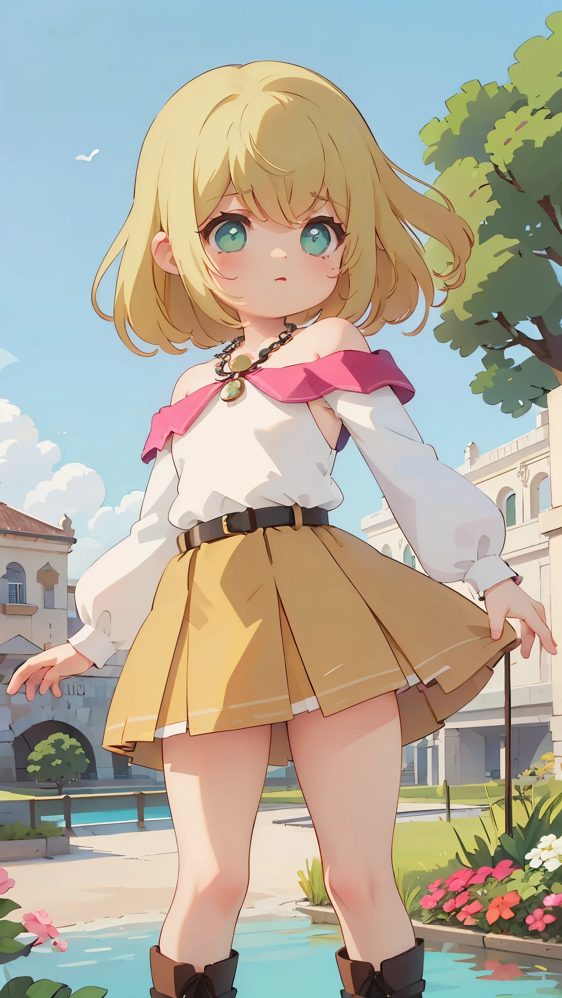 ((best quality)), ((masterpiece)), (detailed face and eyes), perfect face, accurate, textured skin, high details, highres, A stylish woman is standing in front of a famous Italian landmark, enjoying the warm spring breeze. She is wearing a flowing green flared skirt, a beige knit long-sleeve T-shirt, and a delicate necklace. On her feet, she wears tan leather boots, and on her wrist, she sports a classic Casio Standard watch. Her hair is styled in a layered cut, gently swaying in the breeze. The background features a beautiful Italian tourist destination, such as the Colosseum in Rome, the canals of Venice, or the Duomo in Florence. The atmosphere is bright and cheerful, with soft sunlight and blooming flowers enhancing the springtime vibe.