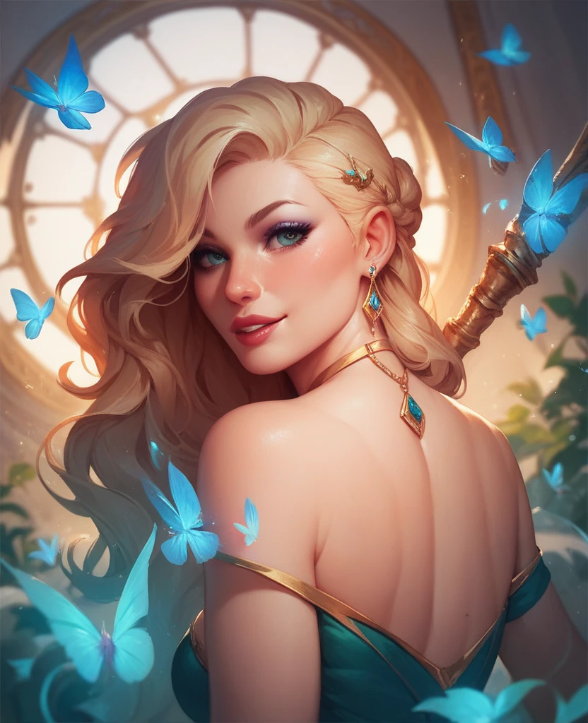 singer Perry Katy wearing a strapless top, holding a giant sharp hula hoop around her body, medieval fantasy theme, League of Legends splash art