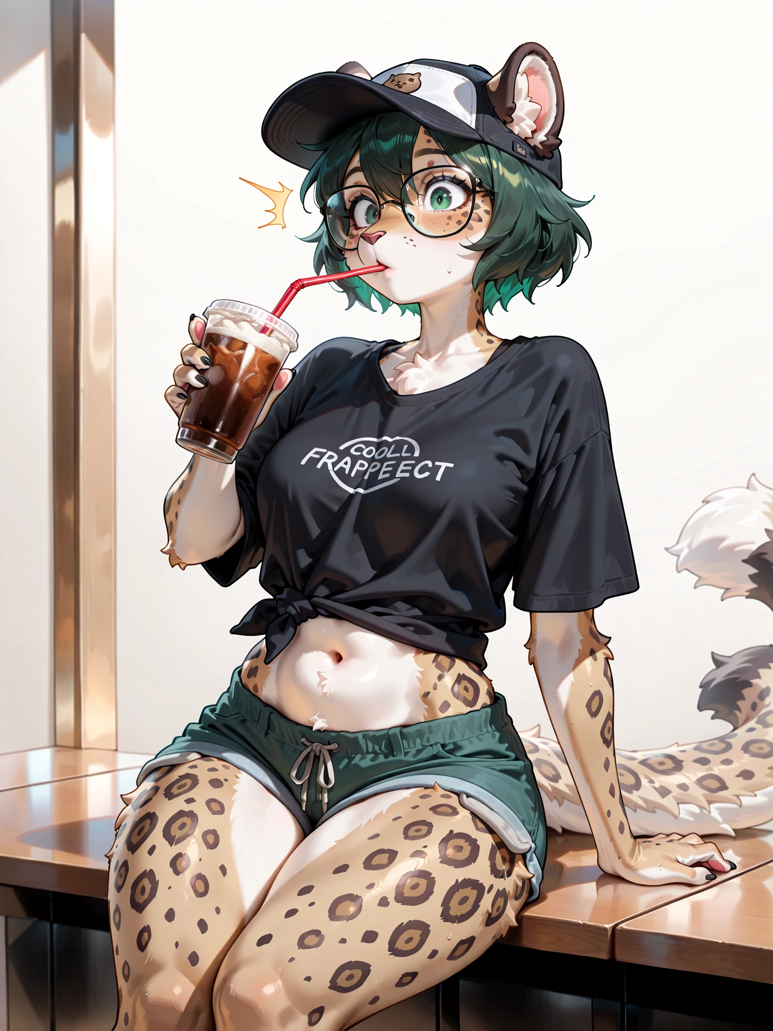 (masterpiece quality, best quality, high resolution:1.1), female, (solo, 1 leopard anthro), (long muzzle:0.75), adult, boyish face, cool, (dark green eyes), (perfect anatomy, short hair, dark green hair), (furry features), (at modern cafe), (oversized black t-shirt, tied t-shirt, short pants), navel visible, cool glasses, black cap, (tall:1.1), sitting at table, holding a drink, Frappucino, straw in mouth, delighted, surprised