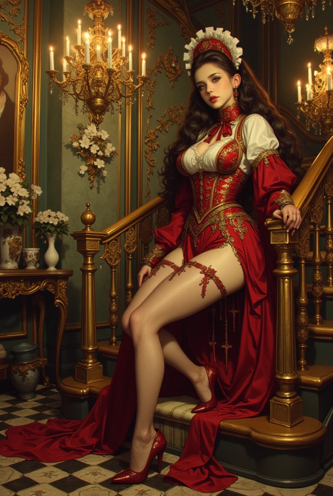 Beautiful and captivating painting of a perfect female vampire, showcasing a slender figure with an enchanting allure, vast breasts that seem to defy gravity, and shapeless, long, wavy hair cascading around her. Her features are near perfection, each line and curve perfectly defined. She is adorned in an extremely baroque vampire corset, intricately designed with exquisite details and ornate patterns.

This full-body photograph captures the abstract beauty and purity of form in the vampire's image, emerging as a near-perfect concept. The dynamic pose she presents adds to the captivating allure, contrasted against an ethere