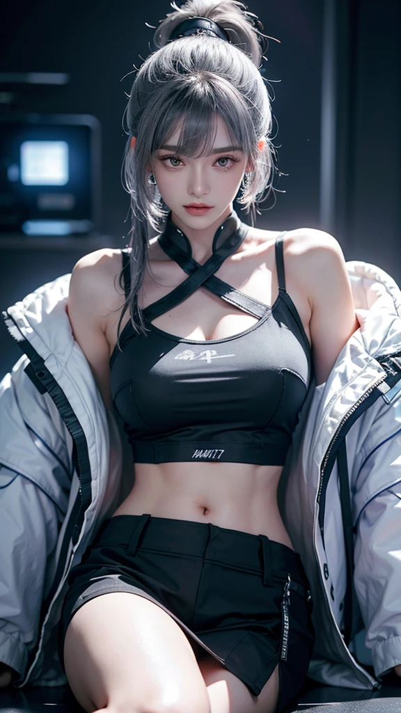 masterpiece,best quality,high resolution,8K,Focus on the thighs and above,original photo,Digital Photography,(Sci-fi style women),20 year old girl,Long ponytail hairstyle,By Bangs,(Purple Eyes),(White hair),Full breasts,Felling,Elegance and nobility,Serious and indifferent,Open white coat,Black Camisole,Rich details,shut your mouth,Show your belly button,Exquisite decoration,Cyberpunk future style,(Female Scholar),Photo poses,White background,oc render reflection texture