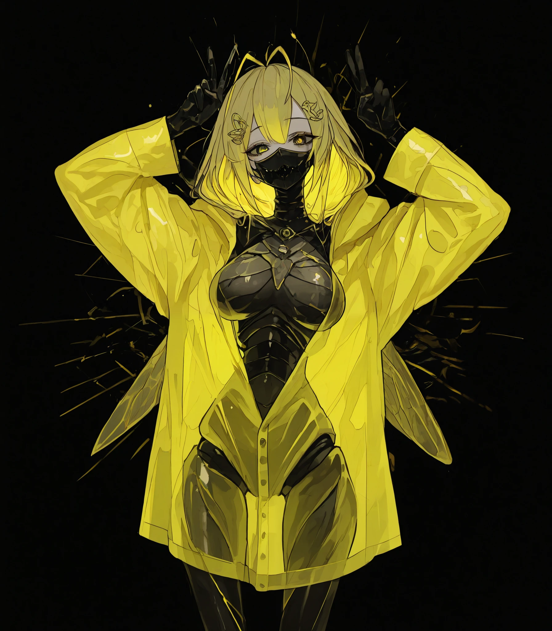 girl,Yellow hair,multi colour hair, two tone hair,,LONG SLIM,Slim Gold Hairpin,girlผึ้ง,Sharp eyesกริบ,Tall,Yellow Raincoat,black long sleeves,in green eyes,,big breasts, small waist ,Thin figure,It has long insect wings.,black background,With antenna on the head,Light and Shadow,all body shapes,Black Mouth Mask,, assassin, Hoodie ,Cybercoat,black sleeve ,Insect Eye ,,Half an insect,In multi-layered eyes,Sharp eyes,Hoary Eyes,Insect legs,Long Raincoat,Slim Gold Hairpin,good figure,V sign 