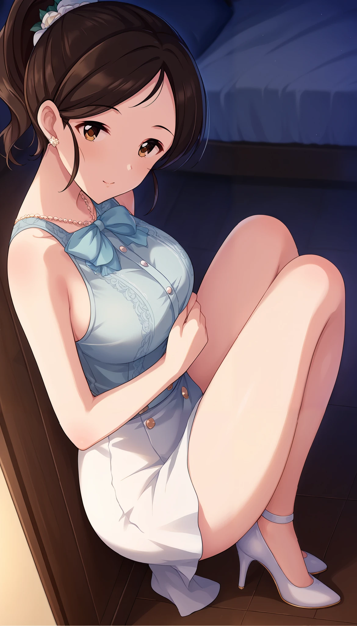 light blue shirt、white skirt、angle from above、((cover))、room、Ulchan-6500-v1.1, ( RAW photos :1.2), beautiful detailed, very detailed目 美しい目, beautiful eyes、Brown Eyes 、 file size is large, high resolution, very detailed, best quality, [masterpiece:1.6], Awareness-raising, very detailed, CG, finely, best quality, 8K wallpaper, perfect figure、very detailed、brown hair、ponytail、cover、Slim and beautiful thighs、Bare legs、white high heels