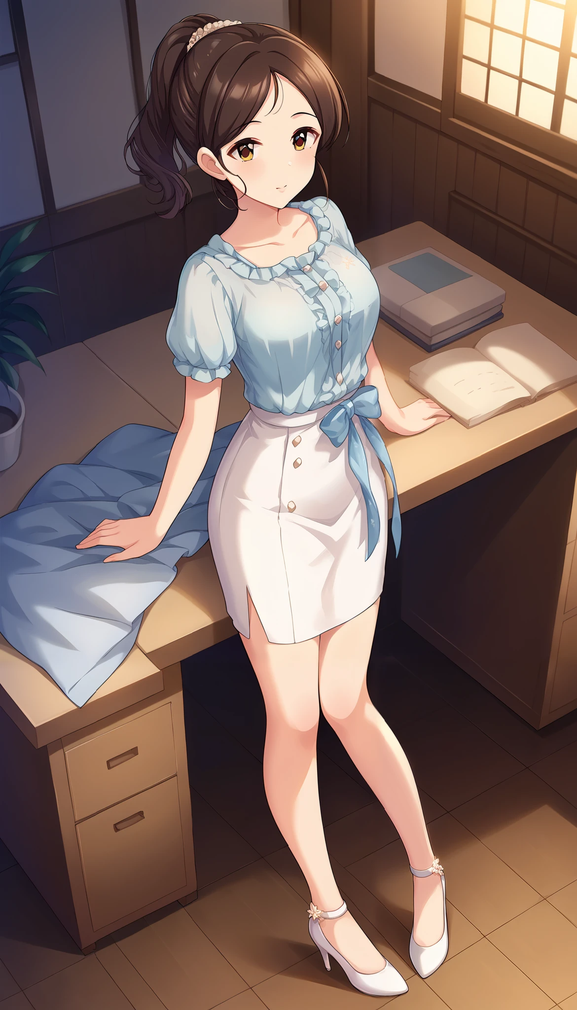 light blue shirt、white skirt、angle from above、((cover))、room、Ulchan-6500-v1.1, ( RAW photos :1.2), beautiful detailed, very detailed目 美しい目, beautiful eyes、Brown Eyes 、 file size is large, high resolution, very detailed, best quality, [masterpiece:1.6], Awareness-raising, very detailed, CG, finely, best quality, 8K wallpaper, perfect figure、very detailed、brown hair、ponytail、cover、Slim and beautiful thighs、Bare legs、white high heels