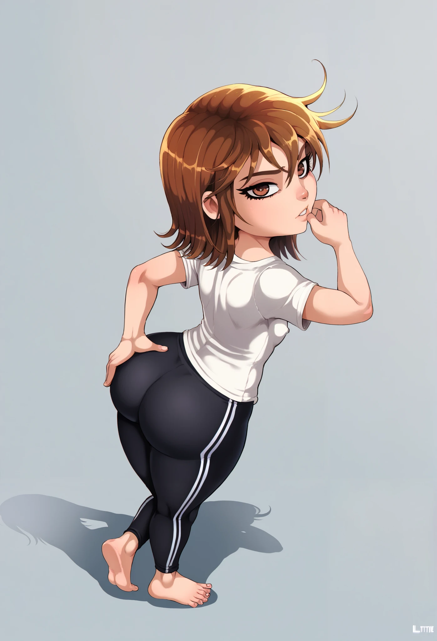 shadcom, shadman, score_9, score_7_up, 1girl, solo, 1girl, wearing wearing white T-shirt, and some black jogging pants, presenting, curvy, litte girl, very short girl, d, solo, medium brown hair, brown eyes, middle school student, age difference, innocent, ish, bratty, cute, immature, juvenile, younger girl, 120 cm tall, from above, ish, ish face, shortstack, tight body, cheeky, big butt, bare feet, hands on ass, presenting, simple background, tiny breasts, tiny nipples, flat chest, breasts are covered underneath clothing