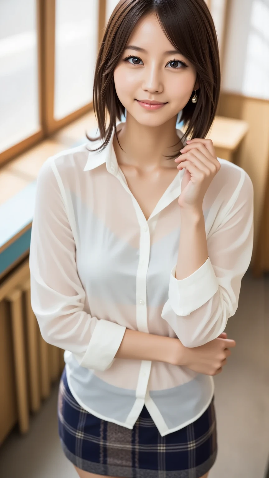 High-ranking women、grinning expression、wearing a white shirt、studio photography、inside the house、one woman、white button shirt、大きなwhite button shirt、various poses、gravure、Only sexy black panties underneath、shot from the side、
