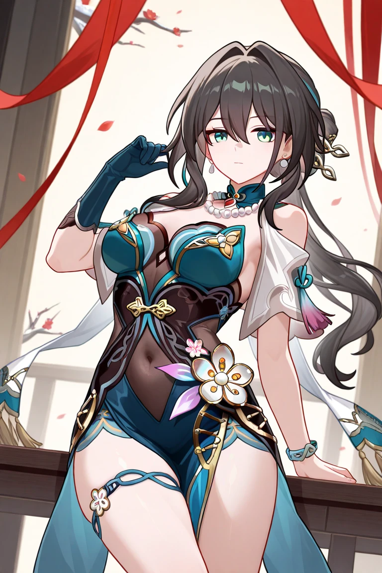 1 girl, RuanMei, alone, Leaning forward, from above, blue_Eye, Smile, breast, hair_decoration, hair_flower, hair_stamp, hair_between_Eye, Gloves, grey_Gloves, long_hair, Black_hair, only_Shoulder, jewelry, permanent, watching_exist_audience, Smile, closure_Mouth, Bangs, split, big deal_breast, skirt, China人_clothing, China_skirt, flower的_Print, tHigh_tape, High_High heel,手放exist身体后面