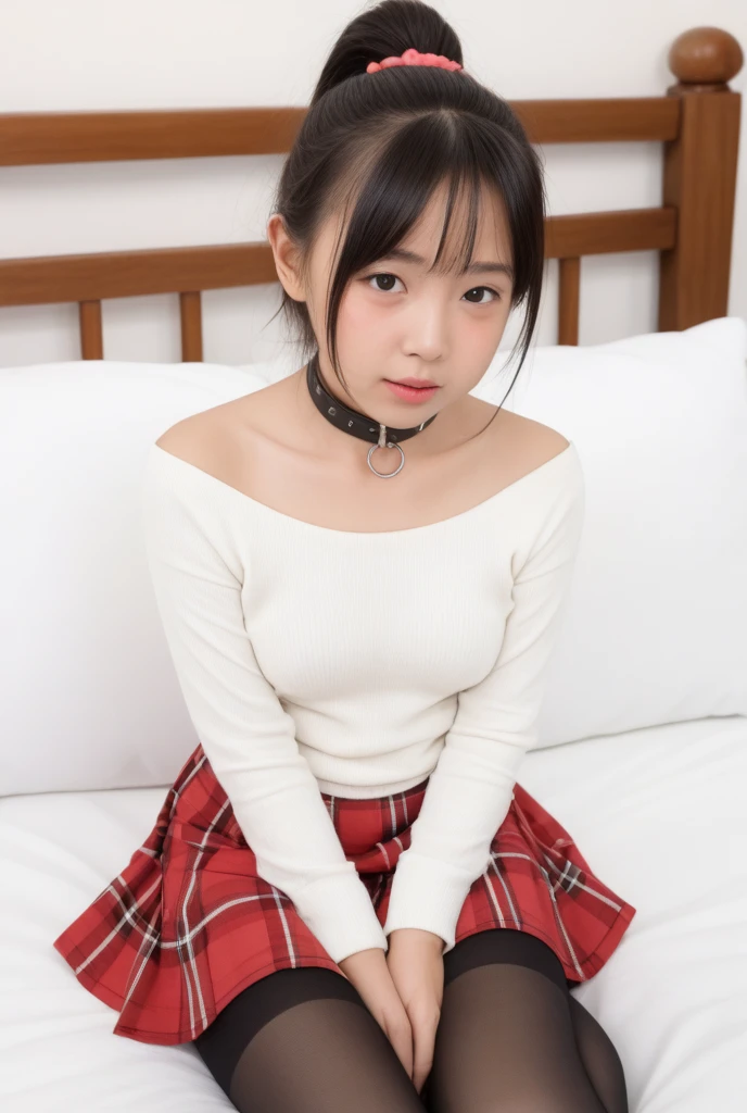 pastel colors t-shirt,off-shoulder look,bare shoulder,ollarbone,midriff peek,Tight mini skirt,(open mouth:1.5),(tongue out:2),Kneeling,Standing Upright,Hands Behind Back,Collar with leash,front view,face focus,from above(1girl,Beautiful 14 year old girl,ager),((Slender,Small breasts,Small face,)),(looking at viewer),Black Hair,bangs,Row Twin Tails,Beautiful and detailed,(Dimly lit room:1.5),White bed