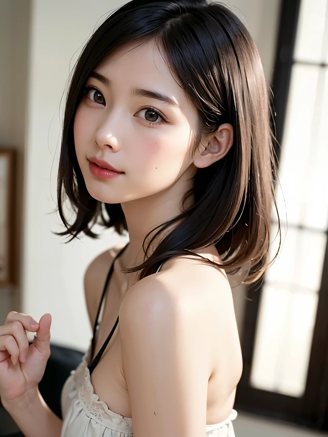 (masterpiece, Highest quality、Realisticに全てを詳細に美しく描画する、Very attractive adult beauty、Add strong highlights to the eyes、Look closely at the camera:1.4、A beautiful woman with mature charm、Ideal body type、Perfect Anatomy、Short Brunette Bob、Shiny Hair、Lip gloss),One Girl, alone, 明るい茶色のShiny Hair, scarf,Realistic, Looking at the audience、Please tilt your head a little, Bright colored crystal light blue eyes, 短いShiny Hair、 chestの中央に穴が開いた白いタートルネックの服,chestの真ん中に丸い穴が開いたセクシーな白いタートルネックのニットセーター、chestの谷間を見せる、 Beautiful glossy lips, Lip gloss，prohibit, Upper Body、Big eyes、eyelash、Face is a little red、Embarrassing)、((Italian road system in winter))、((Short hair with bangs、Big eyes、Give students a very strong highlight、{Hugeな|big|Hugeなな|Mega} chest:2、とてつもなく大きなchest:2、Gazing at the audience、Very beautiful beauty、Listen carefully、Beautiful glossy lips、Long neck、Laugh a little、Beautiful Teeth、Laughing with your mouth open、Heart-shaped pupils))、28 years old、Very cute supermodel、{Huge|big|Hugeな|Mega} chest, chestの谷間、A very picturesque background、Beautiful out-of-focus background、A wonderful sexiness that is full of dignified charm