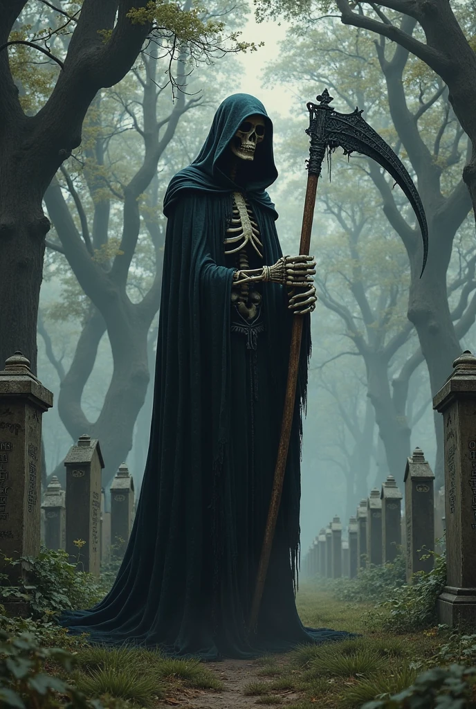 an image of a skeletal figure walking through an ancient cemetery(( uma caveira humana de corpo inteiro))(( usando uma capa com capuz)), (( segurando uma foice)), exu, arte da quimbanda, mitologia africana, Um retrato impressionante de um espirito, Estilo Karol Bak, face clara, melhor qualidade.