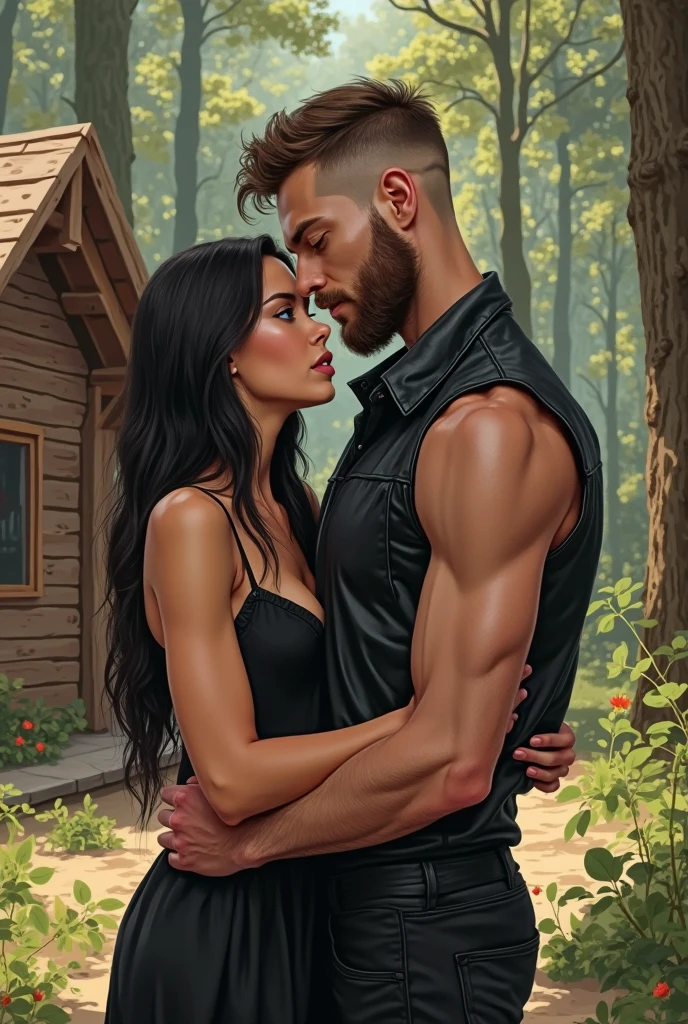 Voluptuous woman, brown skin, black hair, She is with a muscular man,tattooed, Brown hair and beard are in an anime forest