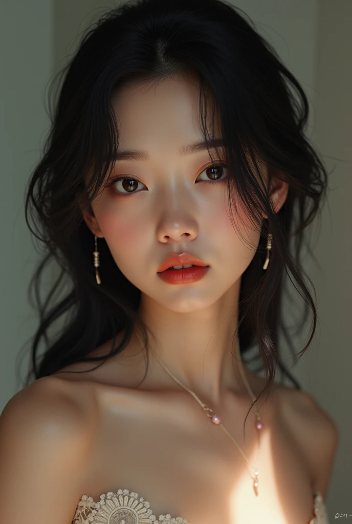 Best quality, masterpiece, ultra high res, (photorealistic:1.4), raw photo,1girl, solo, realistic, looking at viewer, upper body,simple background, black dress, off shoulder, <lora:makina69_bibi_v1.1:1>
