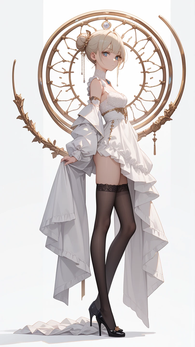 ((masterpiece, best quality)), Delicate face,priest,whole body,Standing picture,Long legs,natural breast,Perfect body proportions,Pretty golden eyes,Extremely beautiful,transparent, Pure white background,Erotic_lingerie,sexly_比基尼,Lace,Garter stockings
