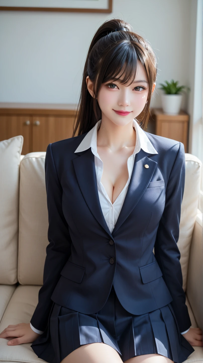 score_9, score_8, score_8 Up, score_7, Highest quality、masterpiece, group、((White Tight Collar Shirt, blazer、mini skirt, uniform,)), Large Breasts, ((Layered Haircut)), The body is slim, Slim face（8k，Highest quality），Shot from medium distances,  Adorable， smile， Long brown hair， 32K, masterpiece， Best image quality，Ultra-high resolution，Perfect hands，Black choker、Almond Eye、bangs、Very thick and long eyelashes, ((Big Breasts))、A dreamy look、Perfect Makeup、Round Table会議、They are meeting side by side、conference room、Round Table、Sit down and talk、Cabinet meeting