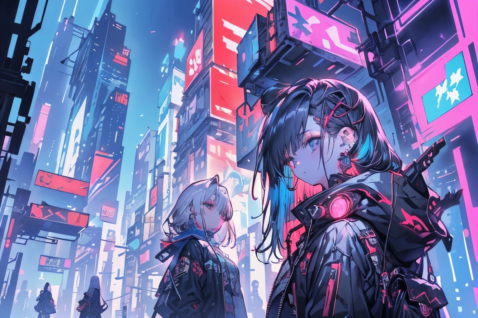 (masterpiece, best quality, best quality, official art, beautiful 、refined:1.2), ( 2girls :1.3), very well detailed,( fractal art :1.1),( colorful :1.1),highest resolution , ( blue neon light background and cyberpunk cityscape:1.3), ( Shiny Skins), (multicolor braided pattern:1.4), ,( earrings:1.4), ,( side hair tied with ribbon )(Technoドレス)(Low-angle composition)( virtual )(cyber display)(Techno)(Dynamic)( GAS MASK)