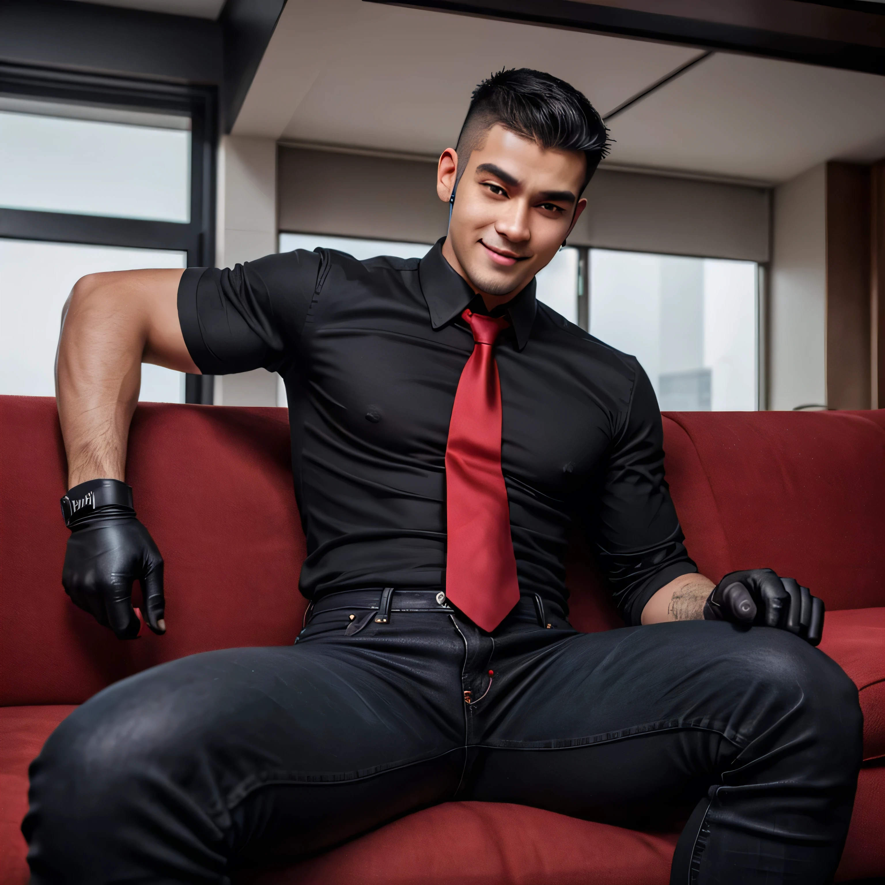 23 years old,One Man,、Handsome。Black Shirt、Red tie、Black jeans、Black gloves、Black work shoes、Dhaka - Fighters、Bedroom、With legs spread on the sofa、,,logic,Gay ,Very short hair、 ,Asian Face,、 Handsome smile Seen from below