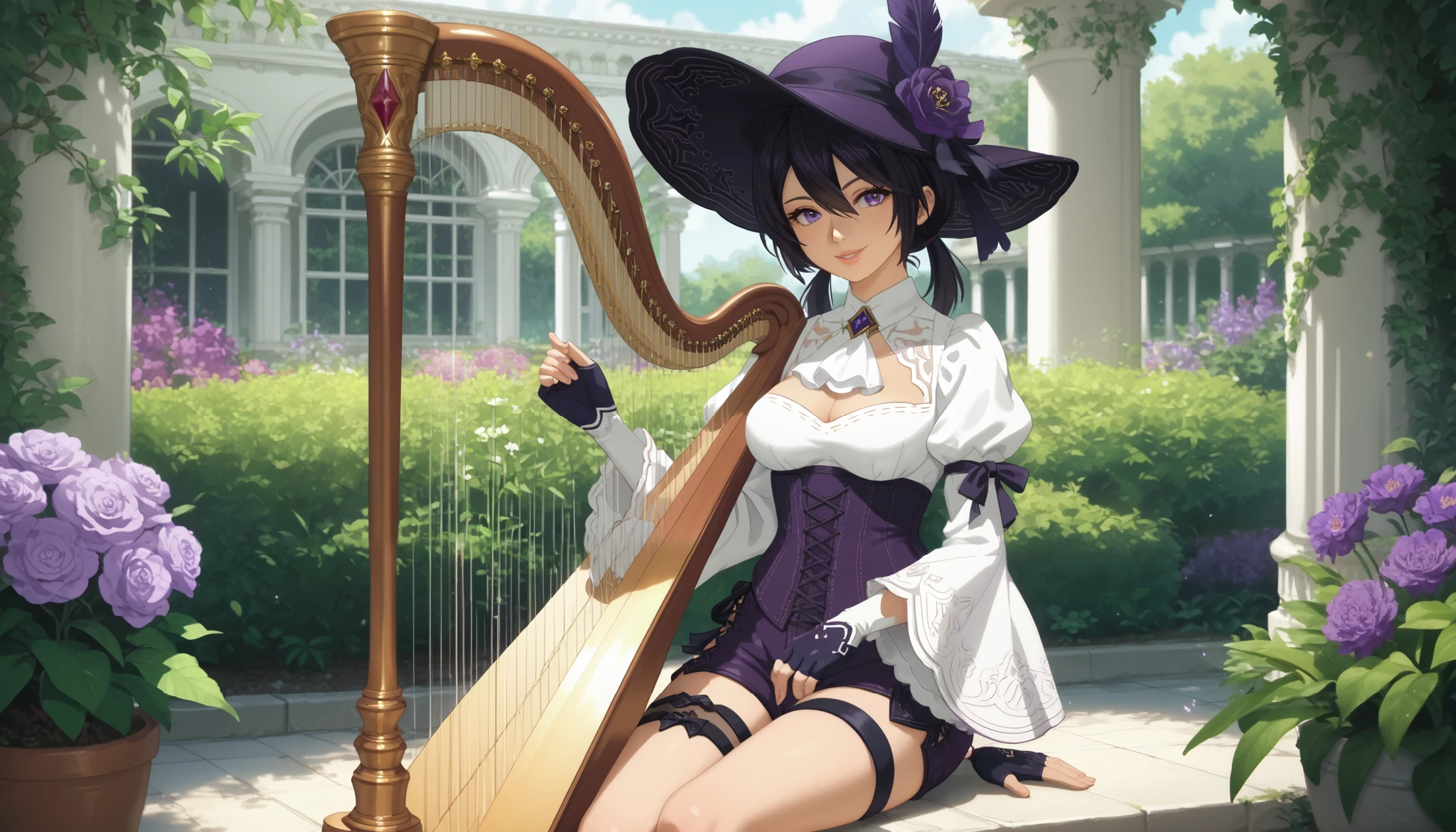 score_9, score_8_up, score_7_up, source_anime, anime_screencap, pedal harp, holding instrument, sitting, solo, nier2b, 1girl, purple eyes, detailed eyes, lips, smile, white ascot, wide sleeves, long sleeves, white shirt, feather hat, hat, purple hat, tricorne, low twintails, medium hair, hair between eyes, black hair, frills, freckles, ouji fashion, purple corset, corset, purple shorts, cross-laced shorts, thigh strap, medium breasts, framed breasts, fingerless gloves, purple orchids, garden, harp