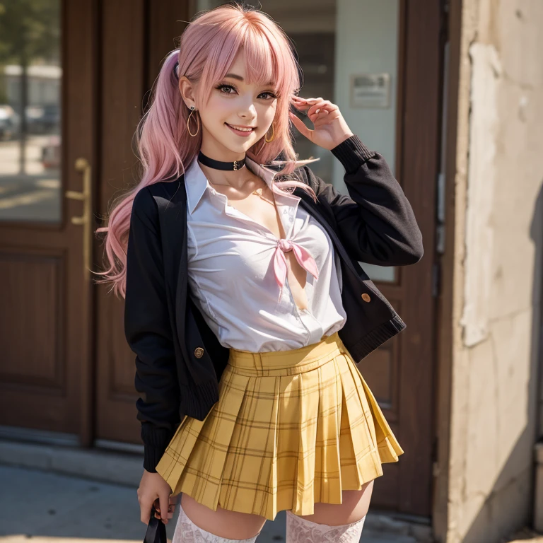 very fine 8kcg wallpaper,best masterpiece,masterpiece,((((5 years old)))),(petite),cute,kawaii,baby face,cute eyes,(((gyaru,full makeup:1.2))),bracelet,,(((hot pink hair))),(side pony tail),long hair,realistic detailed hair,heartily laugh,outdoor,((tatoo)),(flat chest),(skinny legs),(slim thin),((slim thighs)),
break,
(school uniform,collared blazer,blouse,plaids mini skirt),cleavage,thighhighs,garter belt,garter straps,
