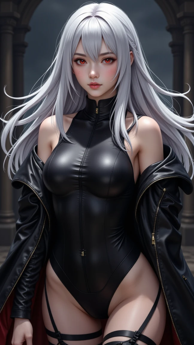 Photograph of the upper body of a beautiful woman, , [see through](Black leather jacket:1.47), natural breast, big breasts, (small waist, perfect body curves), earring, Sharp focus, (tall body, mature woman), ((Looking ahead)), (Highly detailed skin, hair follicles:1.4) long hairสีขาว, long hair,purple eyes