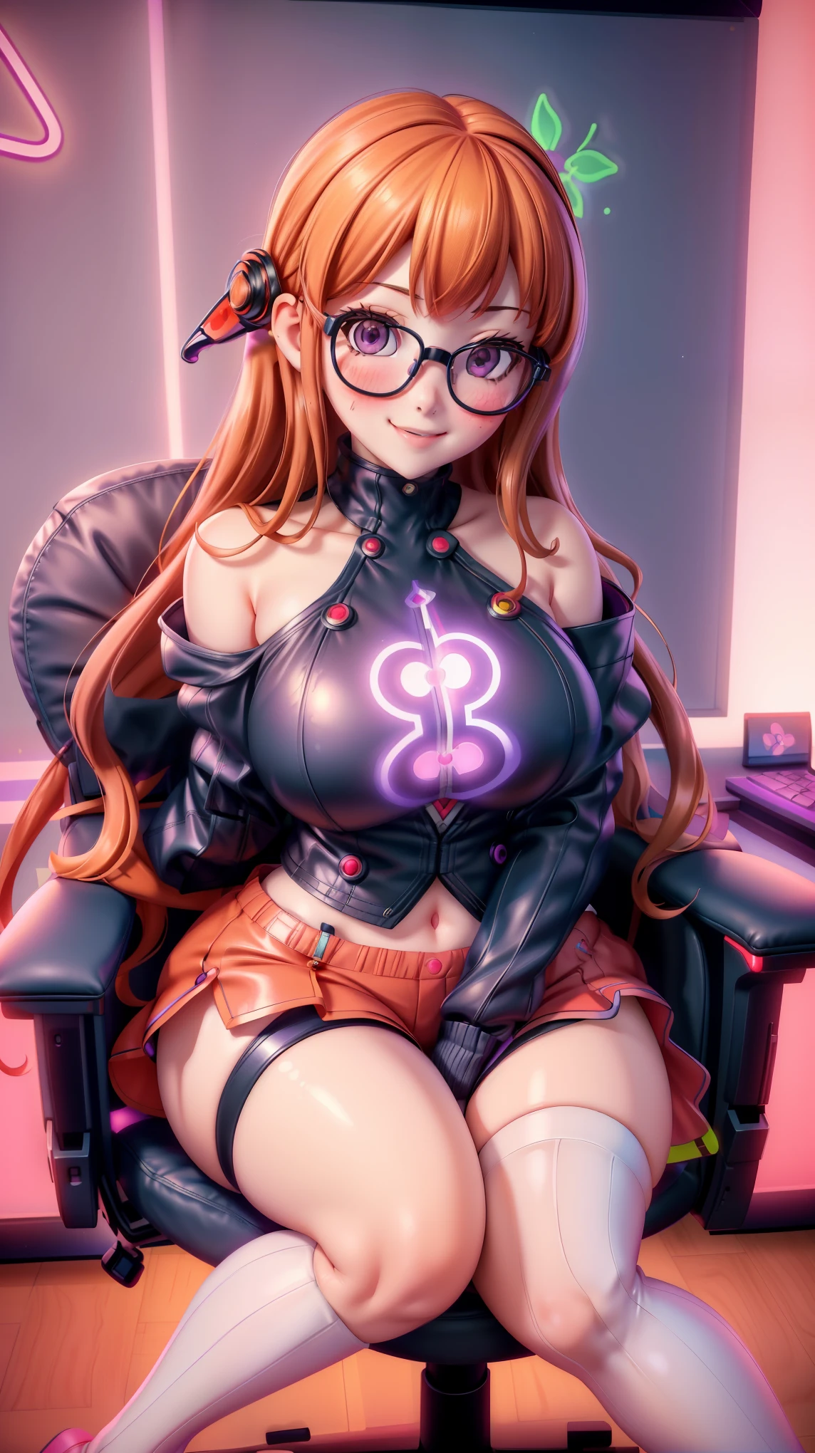 masterpiece, best quality, 1girl, solo, futaba sakura, long hair, orange hair, purple eyes, pink lips, huge lips, emo makeup, transparent long sleeve top, long sleeve top black, red corset, no bra, no top, gothic skirt, big breast, madure body, dusk, gothic boots, shiny skin, mobile wallpaper, bedroom, house, pretty darkness, gothic bed, dark ambient, gothic teddy