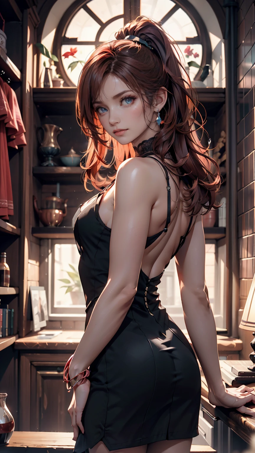 From the back,Stretching exercises,(Scenes,Fantasy Art,Highest image quality,Surreal主义肖像,(8k),Surreal,best quality,high quality,HD,High quality textures,High Detail,Beautiful and detailed,fine,Extremely detailed CG,Detailed texture,True representation of the face,On the table,present,Dynamic,bold),1 Gill,Ultra-delicate skin,curve,,Beautiful breasts,Huge Breasts,Pale skin,Pointed chest,stand erect,Ponytail,(Very thin hair),(Super soft hair),(super straight hair),Sweep long bangs,very light copper amber hair,Hair covering one eye,Sportswear