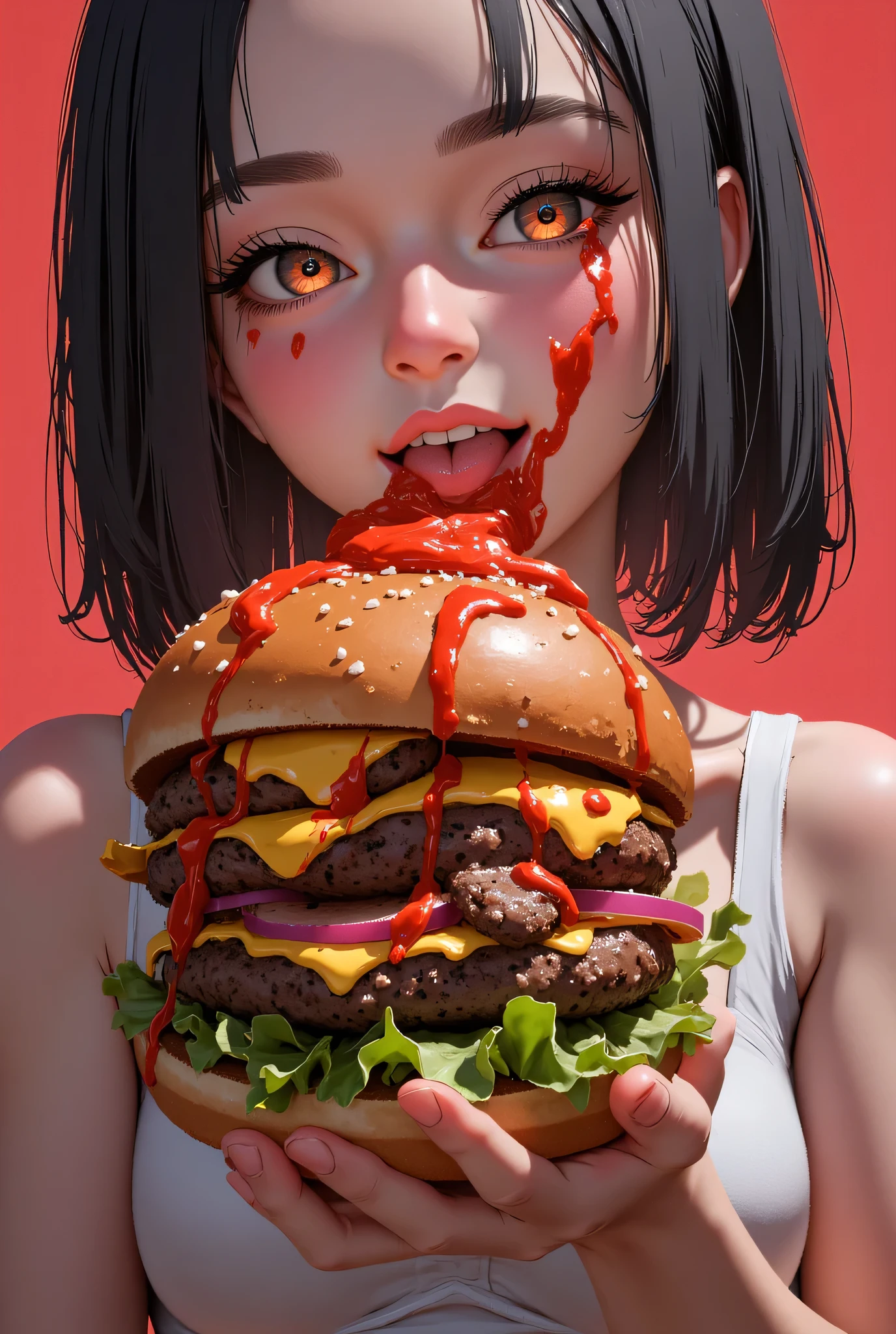 a girl holding a huge hamburger in her hand、licks ketchup on her fingers with her tongue、The girl's face is covered with ketchup、The eyes are only half closed、best quality、greatest masterpiece、anime、art by torikun、D4rkCyb3rDyn34n1m3 style、 solid color background、