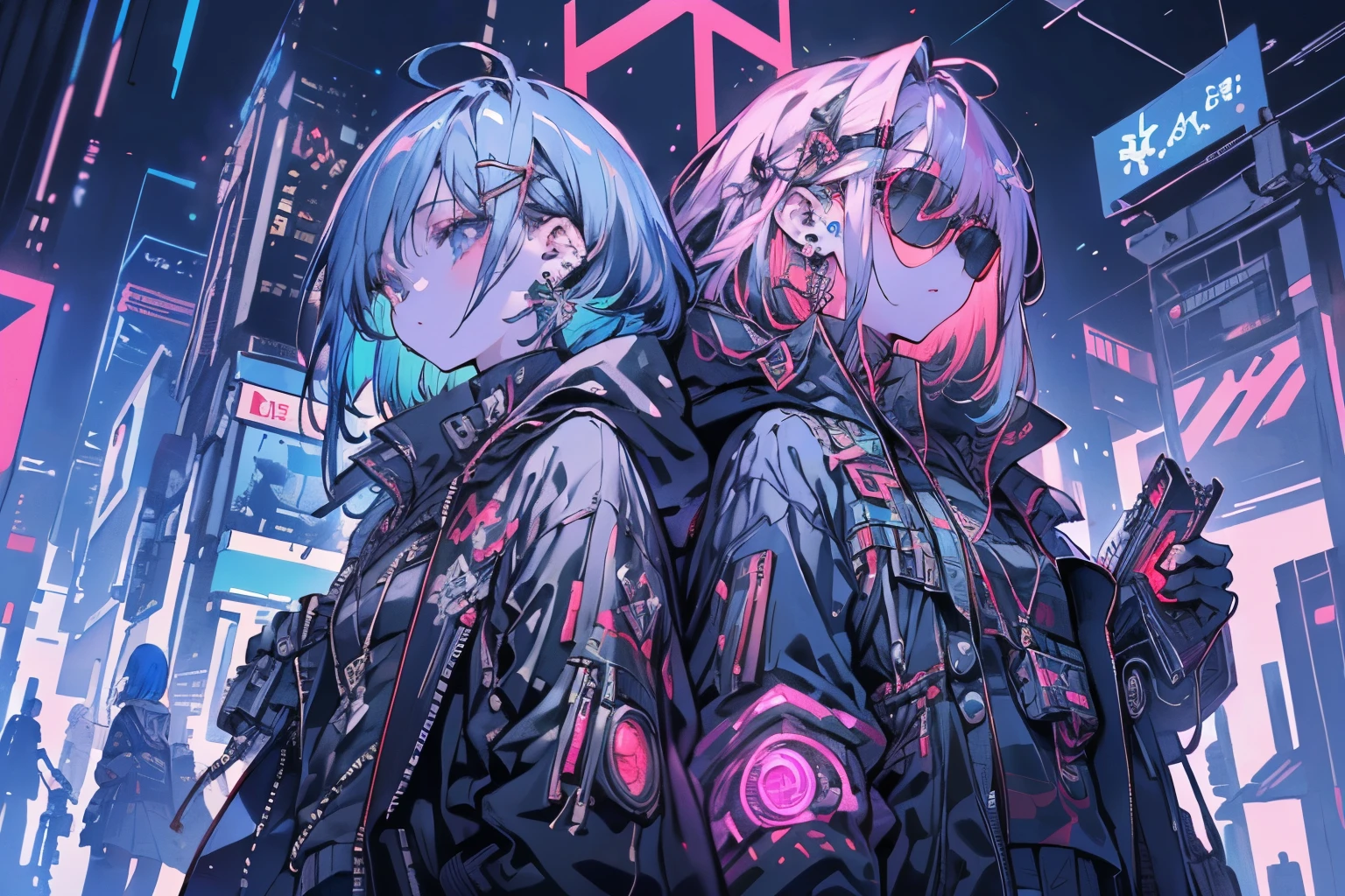 (masterpiece,  best quality,  best quality,  official art,  beautiful 、refined:1.2), ( 2girls :1.3),  very well detailed,( fractal art :1.1),( colorful :1.1),highest resolution , ( blue neon light background and cyberpunk cityscape:1.3), ( Shiny Skins), (multicolor braided pattern:1.4), ,( earrings:1.4), ,(  side hair tied with ribbon  )(Technoドレス)(Low-angle composition)( virtual )(cyber display)(Techno)(Dynamic)(mask)