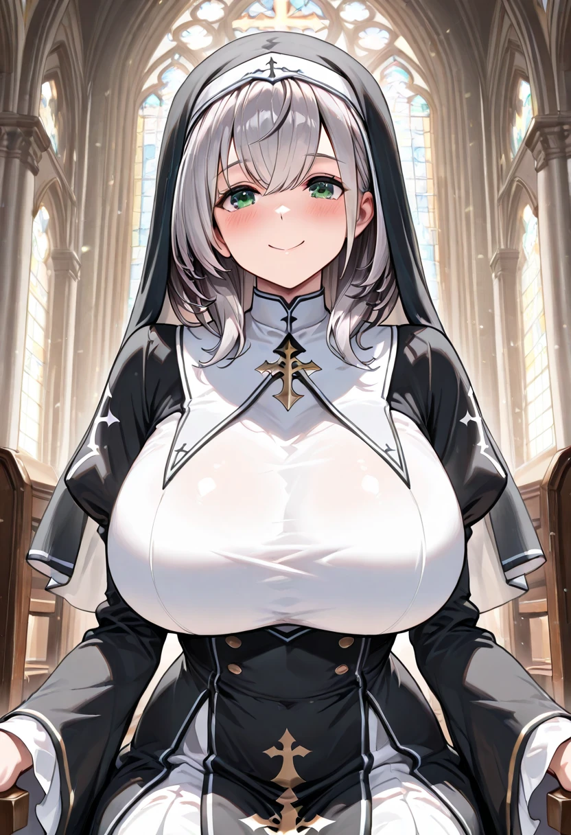 White color hair,Striped hair, french braid, mismatched pupils, Chiaroscuro, back lit lighting, Gothic art, 16k, Best quality, Anatomically correct, High details,lewd nun,(huge tit),cleavage,White panty hose,(Pubic bone),Cocked buttocks,(Two girls),(Chains),leg loops,(grin),(leather clothes),(lewd nun)