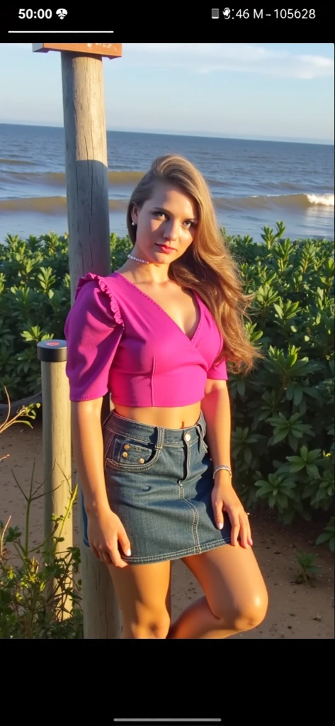 8k, masterpiece, raw photo, Best Quality, photorealistic, extremely detailed CG unity 8k wallpaper, depth of field, cinematic light, Lens flare, ray tracing, Complete plan,Low angle shot, kkw-ph1,the 1st beautiful realistic girl with short blonde hair,elegant, Digital paint, Conceptual art, sharp focus, illustration ,perfect body,very big breasts,very narrow waist,denim miniskirt (large metal buckle belt,shows skin on waist,Off-the-shoulder white blouse with multicoloured lace (jirai fashion), stopped on a sidewalk waiting for a taxi,Street,el paisaje es una Street concurrida,big smile, smiles at the camera showing his white teeth,look at the camera,shoulder bag (crossed over the chest)