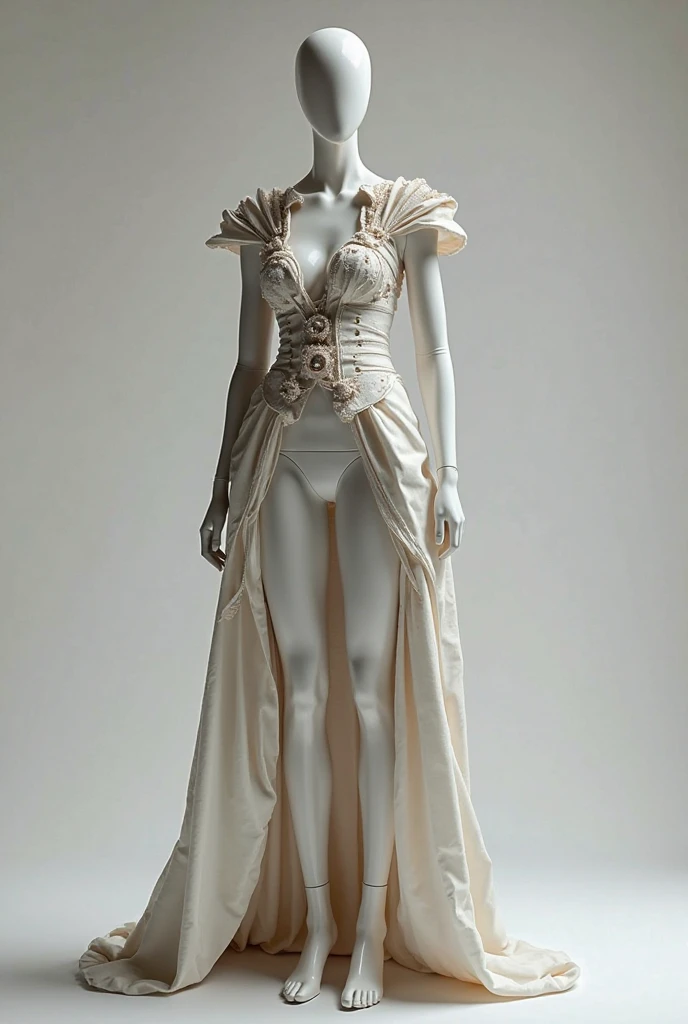 Androgynous looking little man: Her skin is white and her hair is short, wavy, layered blonde., On top they hold some blonde braids, the groom&#39;s veil in layers of organza. She wears an outfit that combines a dress with very tight white dress pants.. The pants are completed with a layered groom&#39;s dress train that starts at the waist with lots of elegant tulle and diamonds.. The top of the rocooc dress is complete from waist to neck, imperial collar with jabot ruffles, sleeveless, non-transparent decorated with sewn diamonds and lace on the front. The ensemble is complemented by a layered bridal veil., long, elbow-length lace gloves and rococo boots
