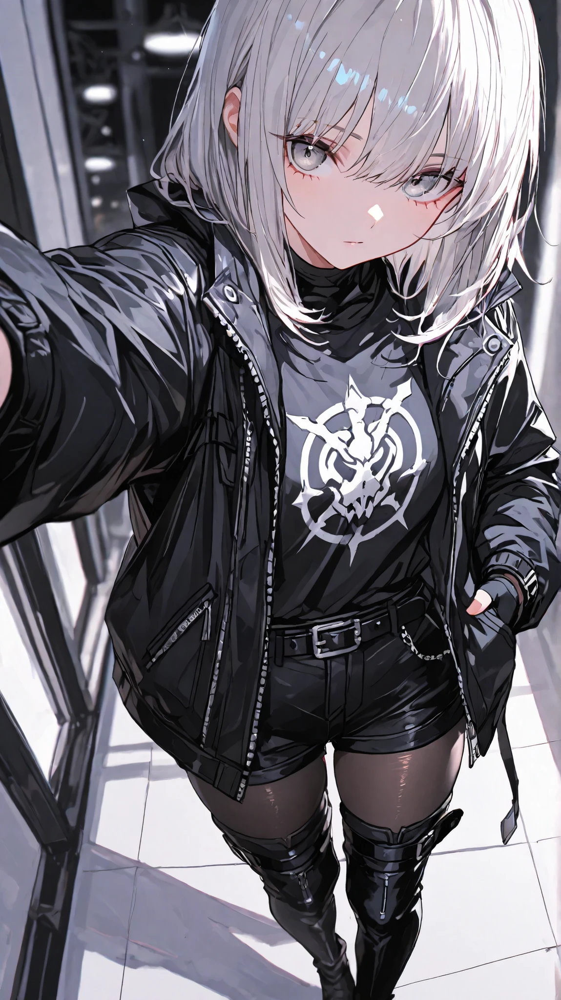 1 girl, medium hair, solo,silver hair,silver eyes, black shirt,jacket, shirt, long sleeves, belt, black skirt,black jacket,thigh highs boot,(black tights), gloves ,fingerless gloves,from above,looking at viewer, black shorts, black belt, (EyesHD:1.2), masterpiece, best quality, ultra-detailed, very aesthetic, sharp focus, depth of field, vibrant colors, ray tracing, best lighting, detailed illustration, detailed background, cinematic,selfie,hand in pocket, extreme close up