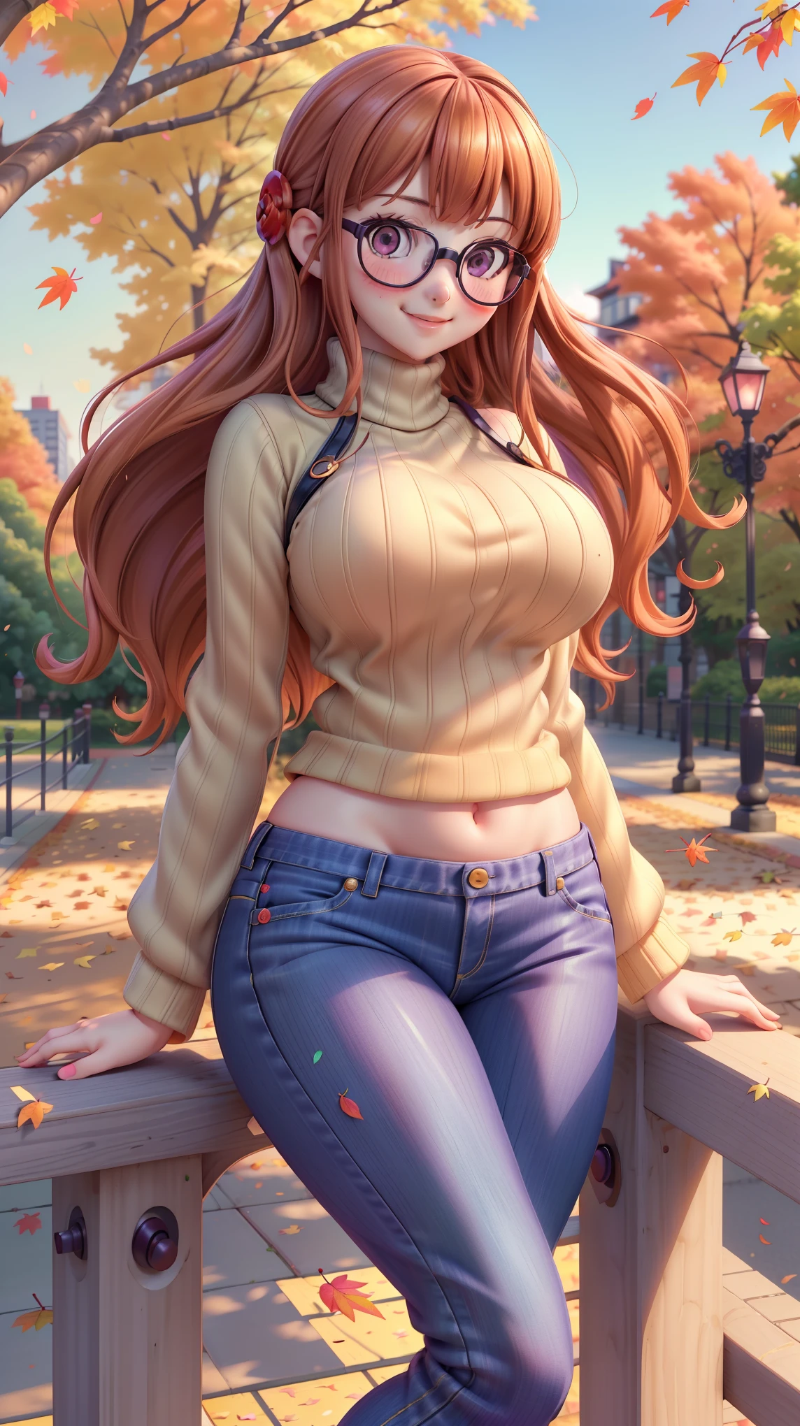 Ultra-realistic, hyper-detailed, 8K, photorealistic, vivid, masterpiece, shiny skin, oiled skin, One Woman, cute, Futaba Sakura, Persona 5, dsfutaba, dsoracle, orange hair, long hair, glasses, purple eyes, very big breasts, very big hips, long-sleeve sweater, tight jeans, nipple outline, blushing cheeks, shy smile, teasing gaze, leaning on railing, one leg raised, hands in hair, city park, autumn leaves, golden sunlight, gentle breeze, low-angle shot, vibrant colors, playful charm, seductive appeal