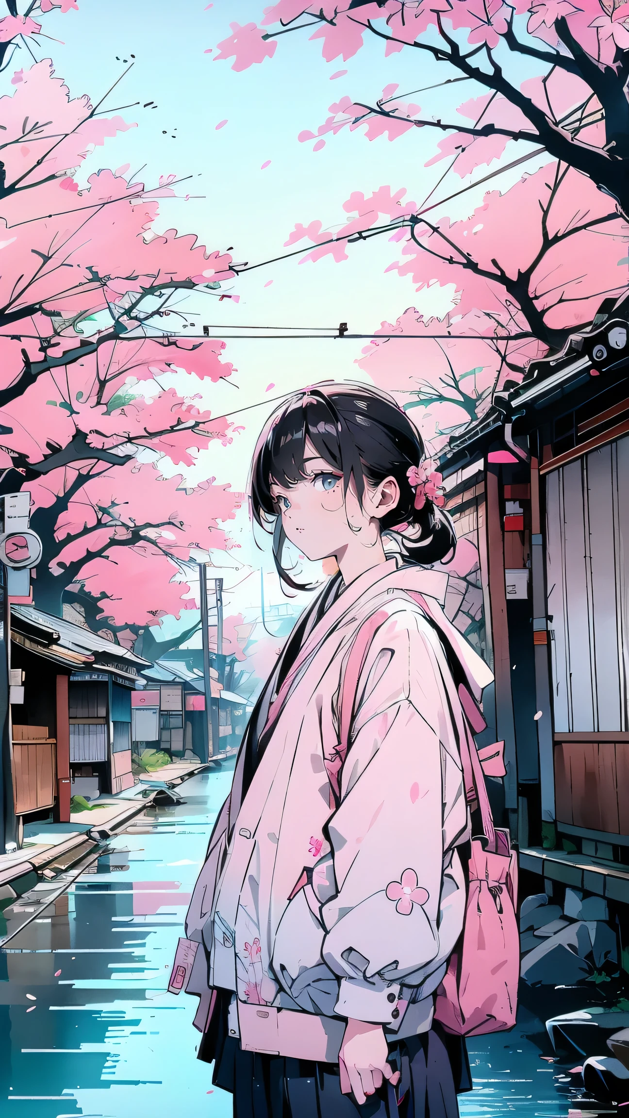 A fashionable girl walking along the Meguro River in Tokyo during cherry blossom season, holding a tote bag and wearing headphones, soft pink petals falling, urban and natural blend --v 5 --ar 4:5 --style poetic