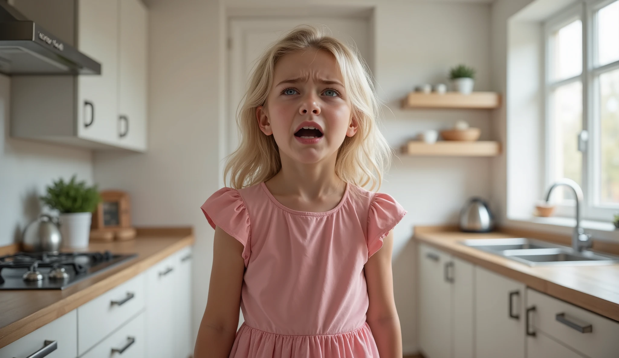 A small of is standing in a white kitchen in a beautiful apartment. she has blond hair. she is very upset and crying. she is wearing a pink dress. 4k camera. Professional background blur. Chromatic aberrations at the edges of the image. Fill this image with irritation sadness and anger
