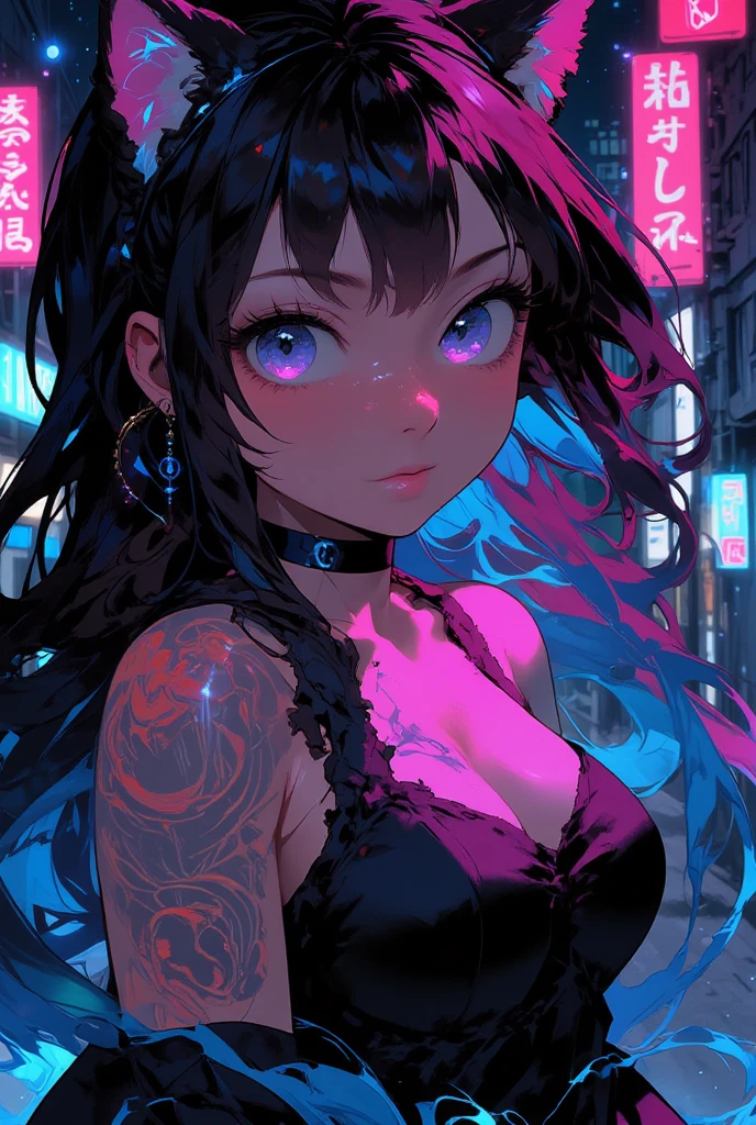 1girl, solo, one girl , tattoo, futuristic outfit, neon samurai, very beautiful cyberpunk samurai, cyberpunk samurai, style of ghost blade, victo ngai cyberpunk style, neon cyberpunk style, cyberpunc, neon cyberpunk, technomancer, video game character, synthwave image, cyberpunk voodoo, neon glow concept art,moon, lantern, night, solo, outdoors, sky, full moon, rain, mountain, cloud, paper lantern, night sky, bangs, tree, reflection, cloudy sky, {{(masterpiece),(extremely detailed CG unity 8k wallpaper),best quality,solo,cinematic lighting,detailed background,beautiful detailed eyes,bright pupils, (an extremely delicate and beautiful),(Beautiful and detailed eye description),ultra-detailed,masterpiece,}}, detailed eyes, beautiful eyes, realistic eyes, nice eyes, perfect eyes, tattoos