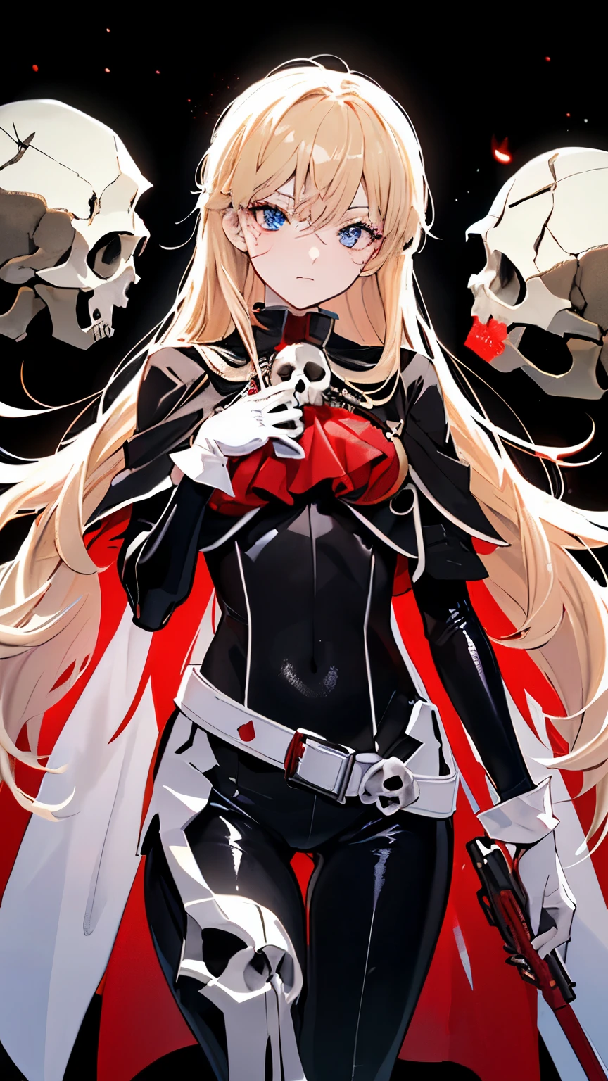 (masterpiece, high image quality, beautiful details, Ultra Fine, 16k, exquisite, absurd, high resolution, beautiful background, beautiful, beautiful skin on hands, anime style), retro art style, 1 person, girl, Alone, Queen Esmeraldo on the chest , Very long-term, blue eyes, very long eyelashes, BLONDE HAIR, long hair, ( long front : 1.1), very long hair, frizzy hair, (Cheek scar: 1.3), slender body, very small breasts, belt, break (white gloves: 1.3), break ( black cape: 1.3), break ((red bodysuit: 1.5, skull symbol : 1.5)), break sword, gun, sword, Ascot, star \(null\) , cinematic lighting, space, holster