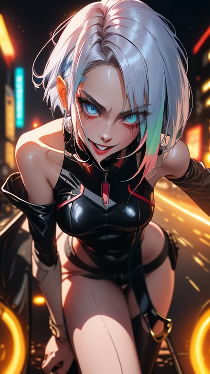 masterpiece, Best quality, (1 girl), (solo) (front facing), (upper body), (smile),(from front), (portrait), (night), (pose for picture), (dystopian city street), (large breast), (cleavage), (long hair),, (underboob), red costume, black, gloves, dress boots, black gloves, puffy sleeves, black dress),(cyberpunk costume), (blonde hair), (green eyes), feather-trimmed sleeves anime, realistic, masterpiece, (bobcut, bangs), (A2 costume) (cyber_mark), ( facial mark), (cyberpunk suit), (j4nu4ryj0n3s), (demure), (dark room), (neon lights), (cyberpunk room), (widwscreen photo)