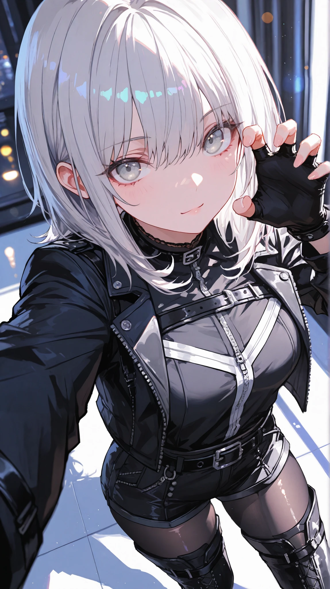 1 girl, medium hair, solo, silver hair, silver eyes, black shirt, jacket, shirt, long sleeves, belt, black skirt, black jacket, thigh boots,(black tights), gloves ,fingerless gloves, from above, looking at viewer, black shorts, black belt, (EyesHD:1.2), masterpiece, best quality, ultra-detailed, very aesthetic, sharp focus, depth of field, vibrant colors, ray tracing, best lighting, detailed illustration, detailed background, cinematic, selfie, claw pose,