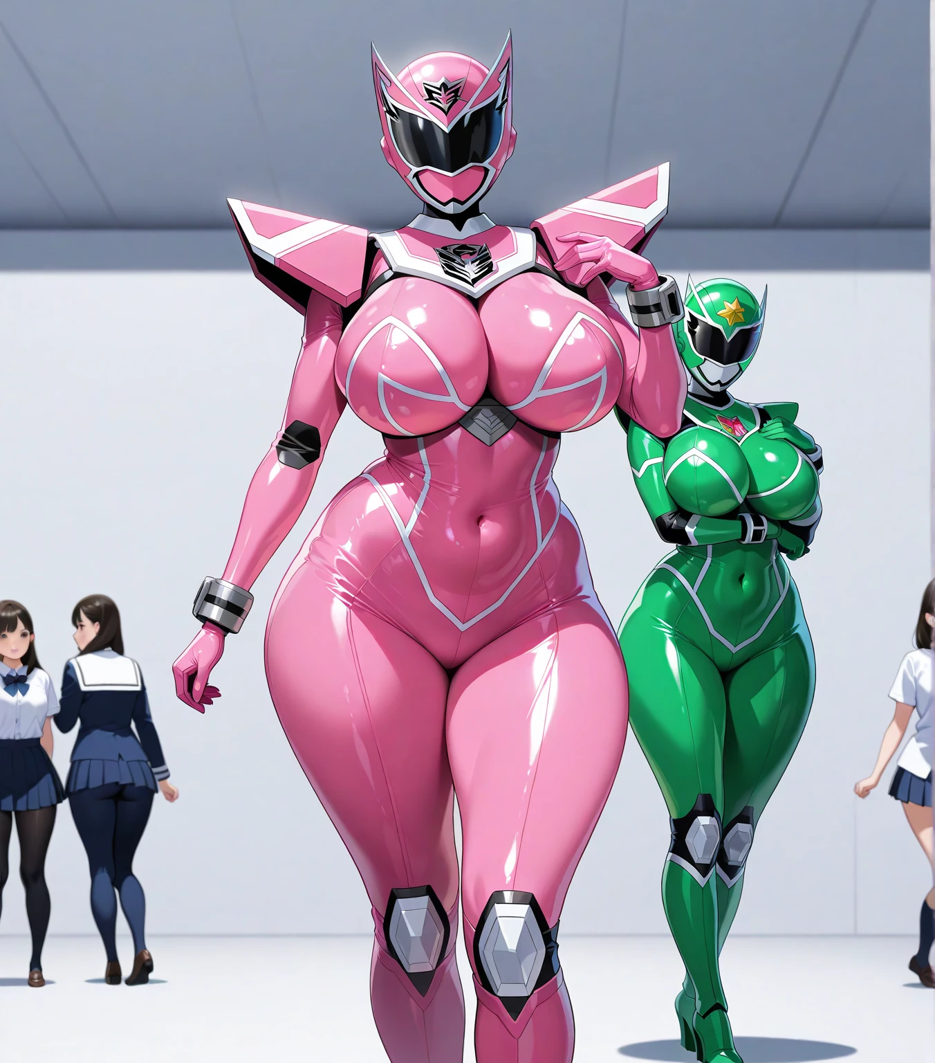 ((masterpiece)), ((Ultra quality)), ((super detailed)), ((high resolution)), ((8k)), a beautiful woman, ((She is one of the most famous actress in the world)), unparalleled beauty, ((large breast)), ((large ass)), ((deep cleavage:1.2)), slim waist, chest out, ultra detailed face, perfect skin, (((long brown ponytail hair))), ((light brown eyes)), ultra detailed eyes, whole body image, sexy, an inviting smile, sensual, (((anime))), ((glamorous)), sexual attraction ,((Age 25)), ((incredibly beautiful woman)), ((The G cup bust)), ((neat and clean)) , (Power Ranger), heroine, (((high leg cut leotard, Black line on white colored leotard power suit))), ((beautiful breasts)), beautiful legs, 8 life size, anime:1.4, the most beautiful and strongest, ((charm)), ((beauty)), ((((gravure pose)))), ((battlefield)),