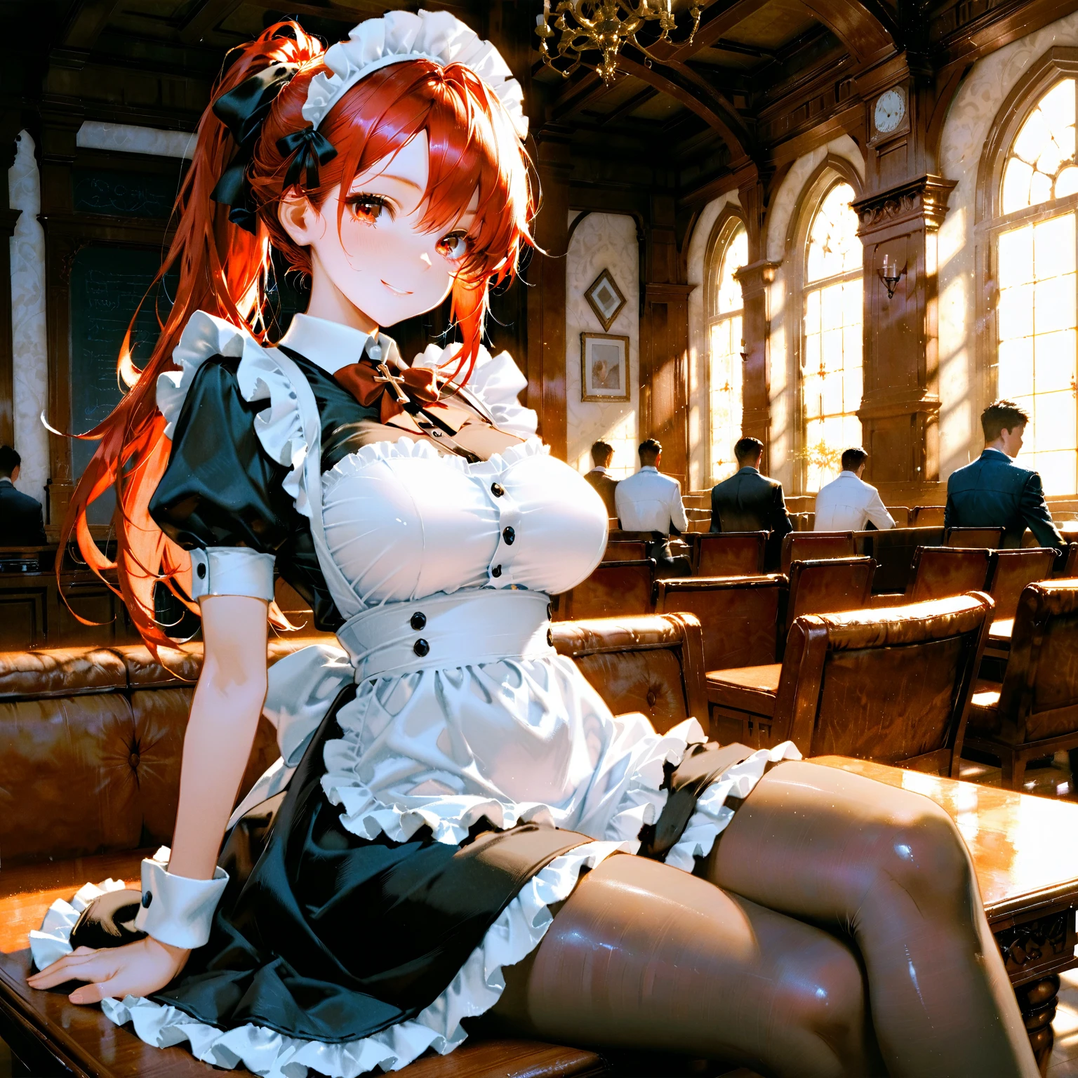 Long hair,Big breasts, Tattered maid outfit, Red hair,Red eyes,Shiny hair,Residence,shopping mall, Light smile